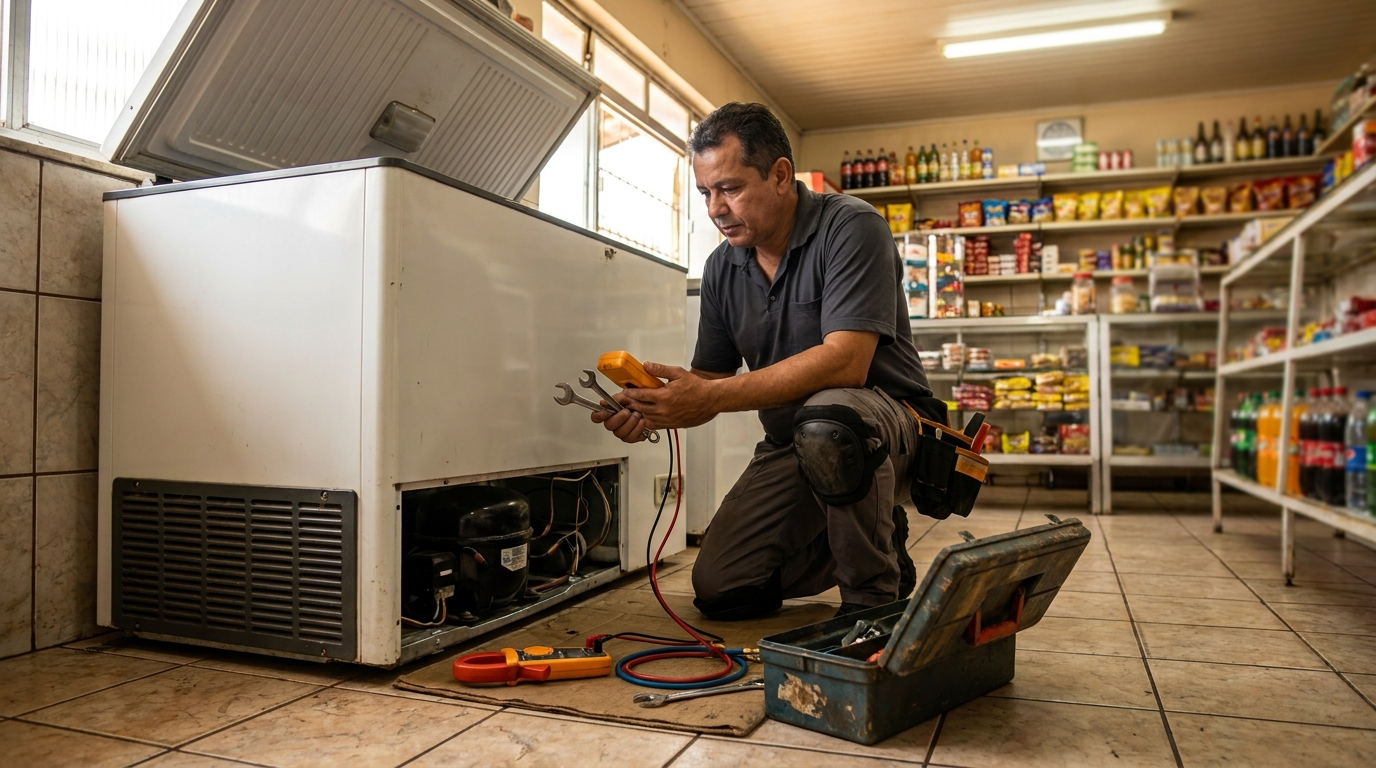 Técnico reparando o motor de um freezer horizontal em Cotia‑SP