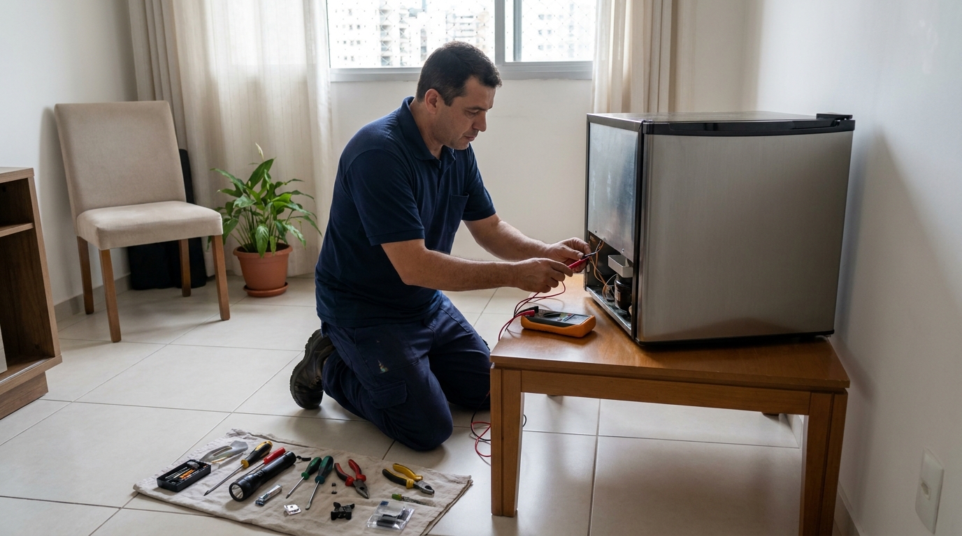 Técnico revisando o motor de um frigobar em Cotia‑SP