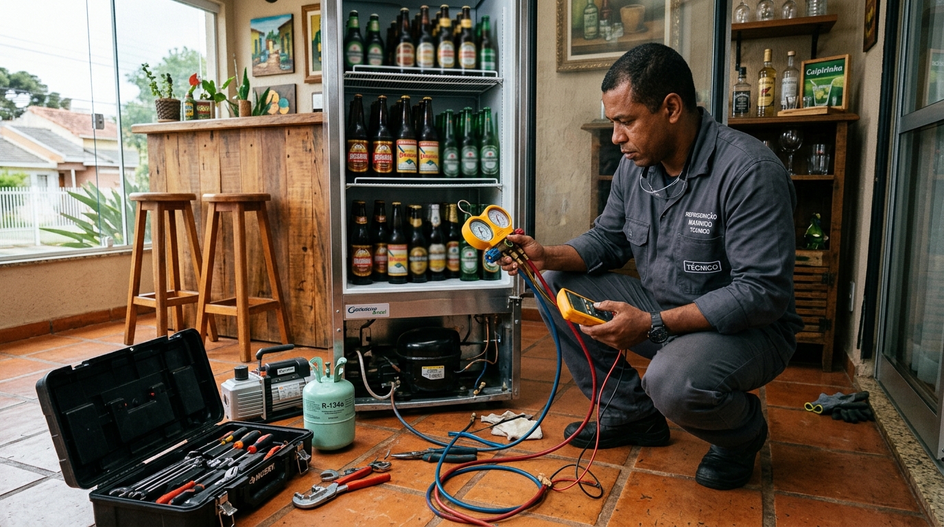Técnico conferindo a temperatura de uma cervejeira durante atendimento em Cotia‑SP